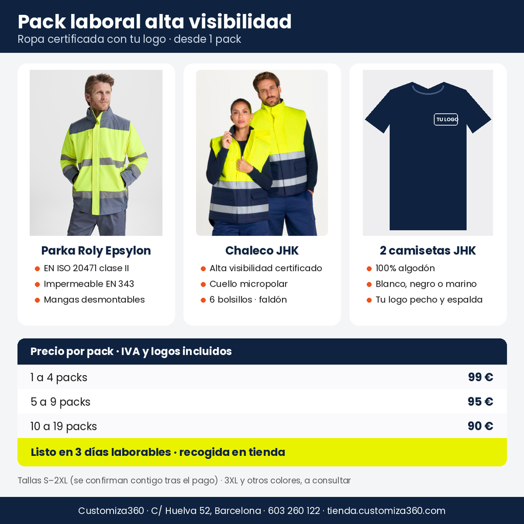 [PACK-LABORAL-AV] Pack laboral alta visibilidad (parka + chaleco + 2 camisetas con logo)